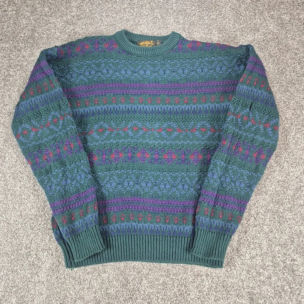 Vintage Eddie Bauer Fair Isle Sweater Mens Medium Green Cotton Knit Made in USA - Picture 1 of 6